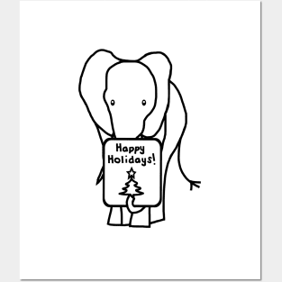 Christmas Elephant says Happy Holidays Line Drawing Posters and Art